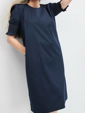 Chico's Navy Smocked-Sleeve Midi Shift Dress, Size 1 (US size 8/10)